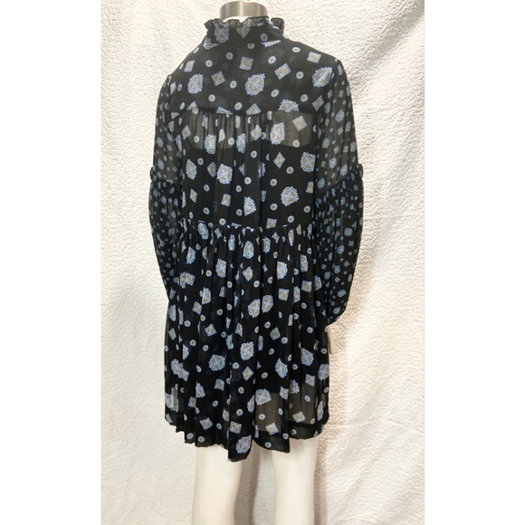 Free People Turn Turn Black Blue Medallion Boho Mini Dress Ruffle Mock Neck XS - Picture 6 of 13